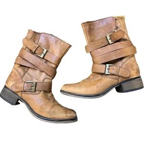 Steve Madden Tan Moto Boots with Buckle Straps